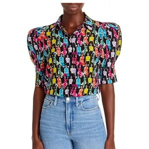 Alice + Olivia Willa Scrunched Puff Sleeve Silk Top Novelty Print Fun